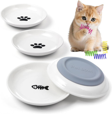 Ceramic Cat Food Bowls for Indoor Cats and Kitten, 4 Cute Cat Feeding Bowls Shal