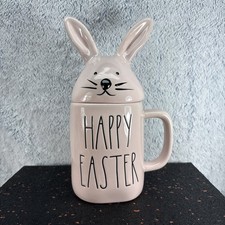 Rae Dunn Pink "Happy Easter" with Bunny Ears Topper Lid Cup Mug