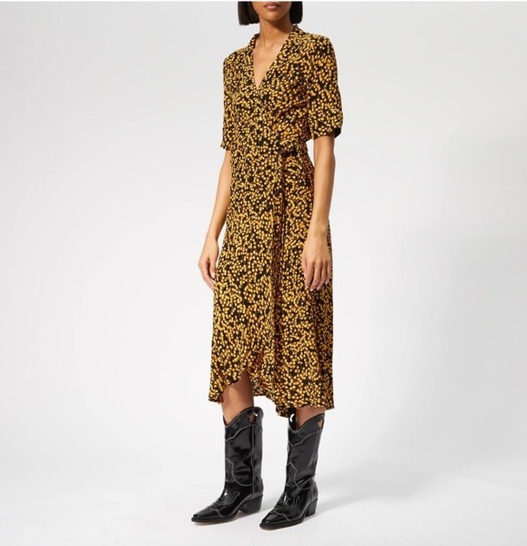 Ganni Goldstone Crepe Wrap Dress Size 34 AU 6 US 2 Black Floral Midi Maxi Boho 