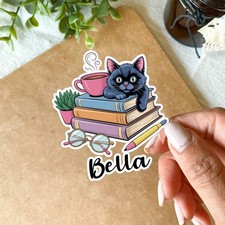 Personalized Cute Cat  Books Sticker, Waterproof Vinyl Decal For Book Lovers