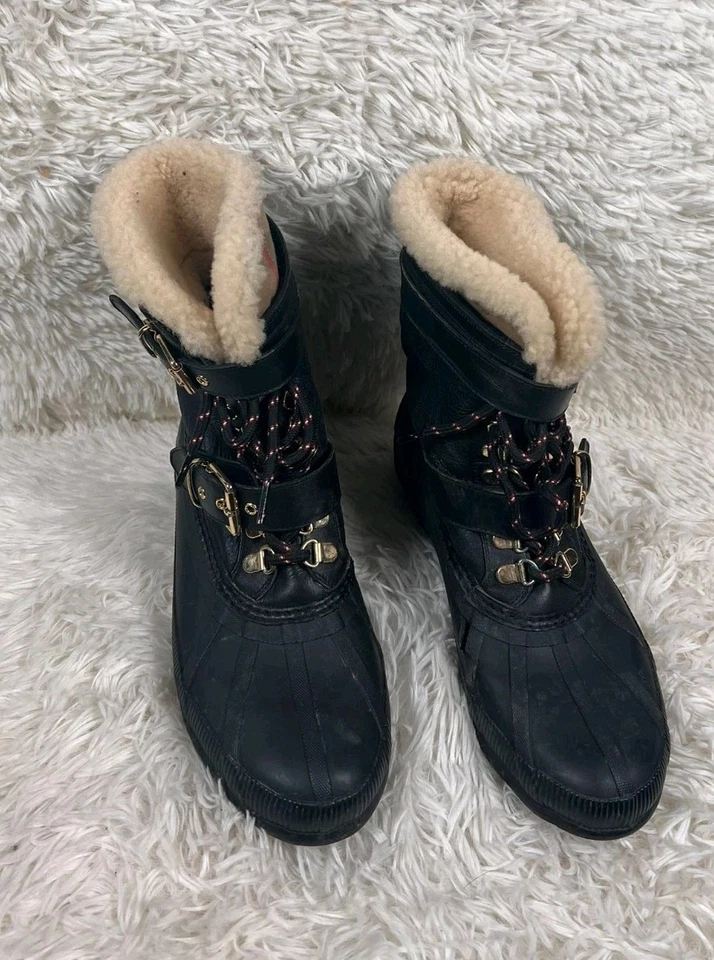 Burberry Windmere Boots Black Buckle Nova Check Shearling Trim Duck Booties READ - Image 4 of 4