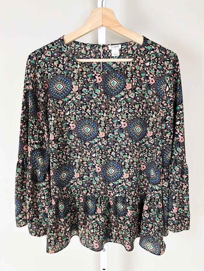 J. Crew Medallion Floral Peplum Top Bell Sleeve Blouse Multi-Color Size L