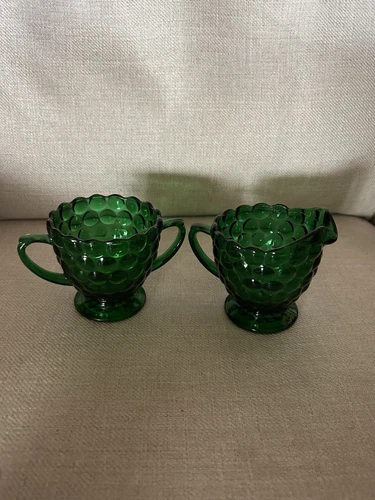 Vintage Anchor Hocking Emerald Green Bubble Sugar W/out Lid and Creamer