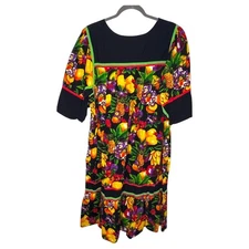 Vtg Go Softly Sz XL House Dress Kaftan Mumu Tropical Fruit Novelty Print Cotton