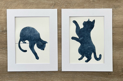 Whimsical Blue Cats Silhouette Watercolor Painting Set Original Signed 8x10