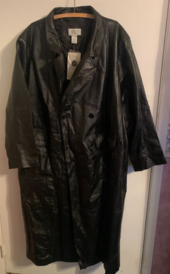 Vintage  Leather Trench Coat Womens Large Black Belted Full Length 80s