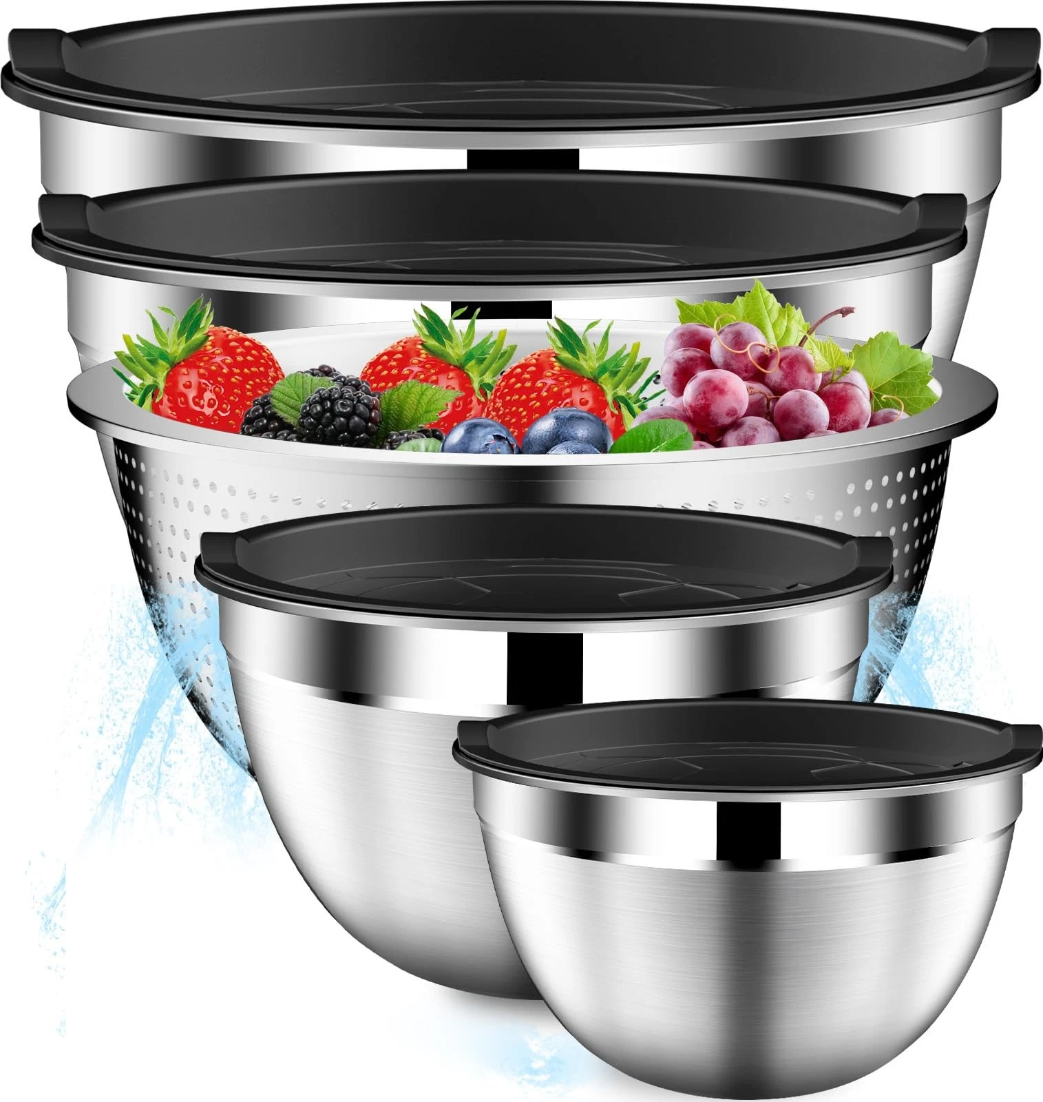 Mixing Bowls with Lids Set, Stainless Steel Mixing Bowls with Colander, Strai...
