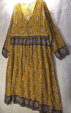 New Boho Maxi Dress Size L Drawstring Tie Waist Rayon Yellow Brown NWT