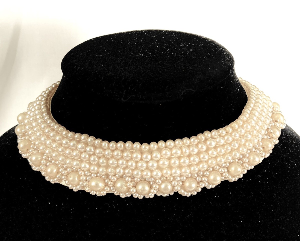 Vintage Faux Pearl Satin Backed Collar Necklace Choker Multi Rows Mid  Century