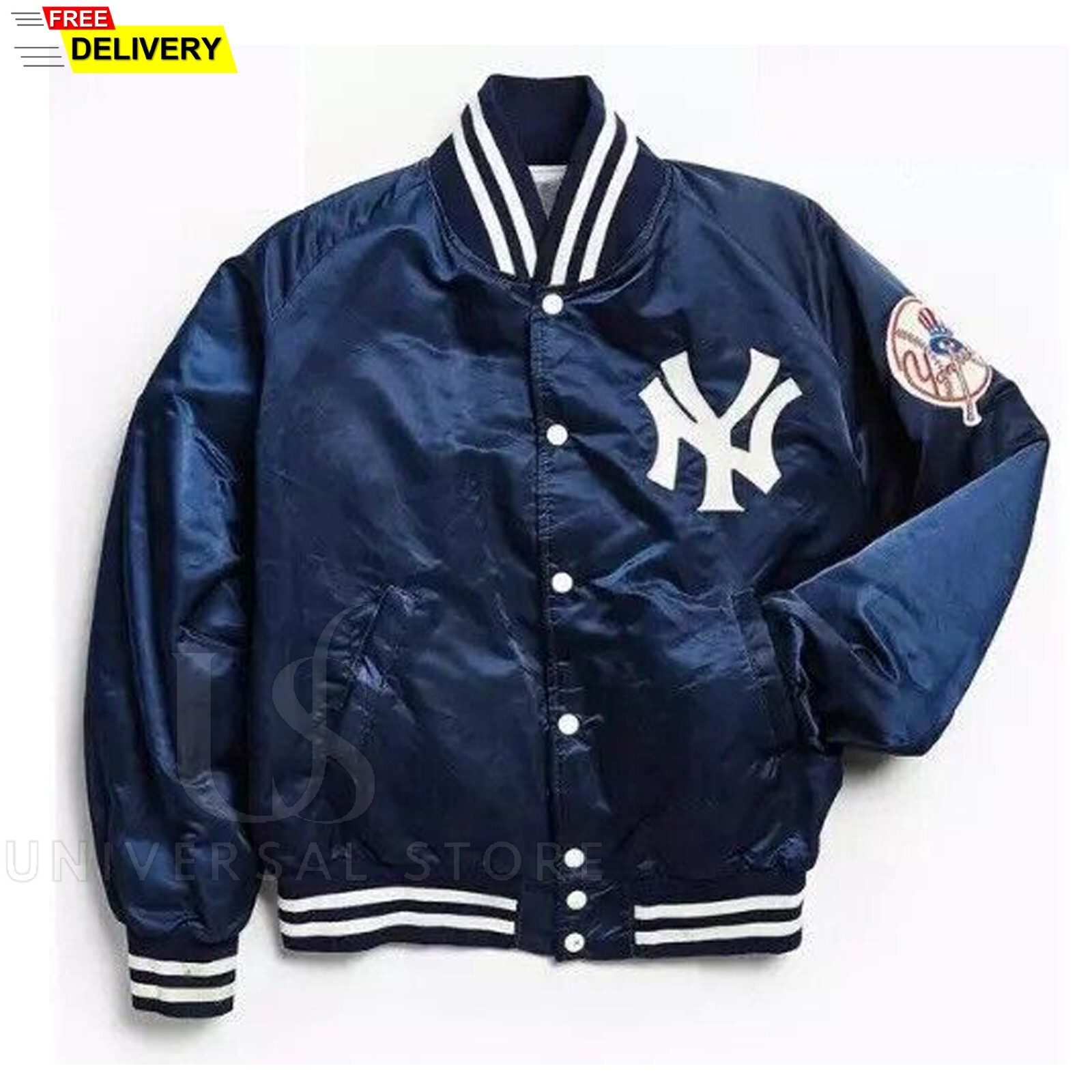 NY Yankees Blue Satin Jacket Bomber Style Vintage 90s Athletic Varsity Jacket