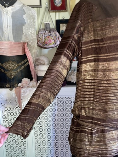 Antique 1920s Metal Lamé Dress, Brown Velvet, AS-IS - Picture 4 of 10
