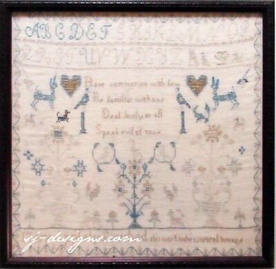 19th century Mary Applely birds flowers deer & vases schoolgirl sampler 16''x17''