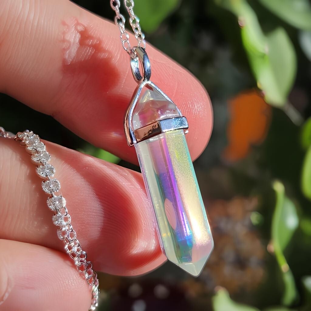 Rainbow Aura Quartz Necklace Pendant Crystal Double Point Rainbow Aura Quartz Necklace Pendant Crystal Double Point