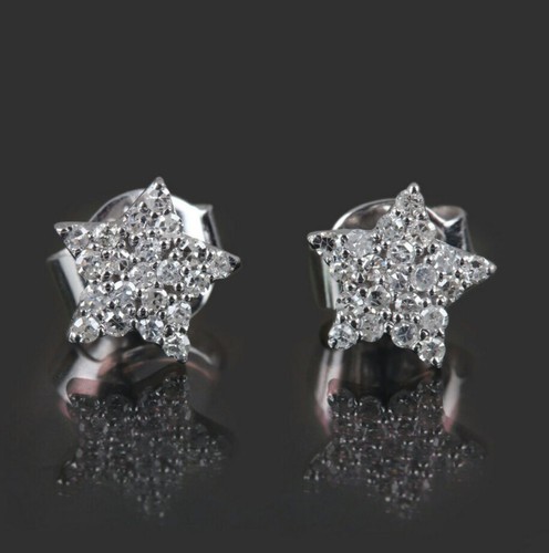 14K White Gold Everyday Wear Jewelry Natural Diamond Handmade Star Earring Gift - Picture 7 of 12