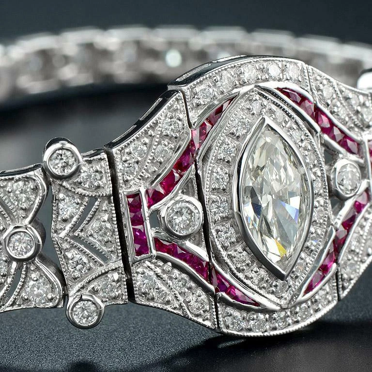 Art Deco Marquise Diamond 8.95 Carat Ruby French Cut Style Diamond Bracelet  - Image 4 of 4
