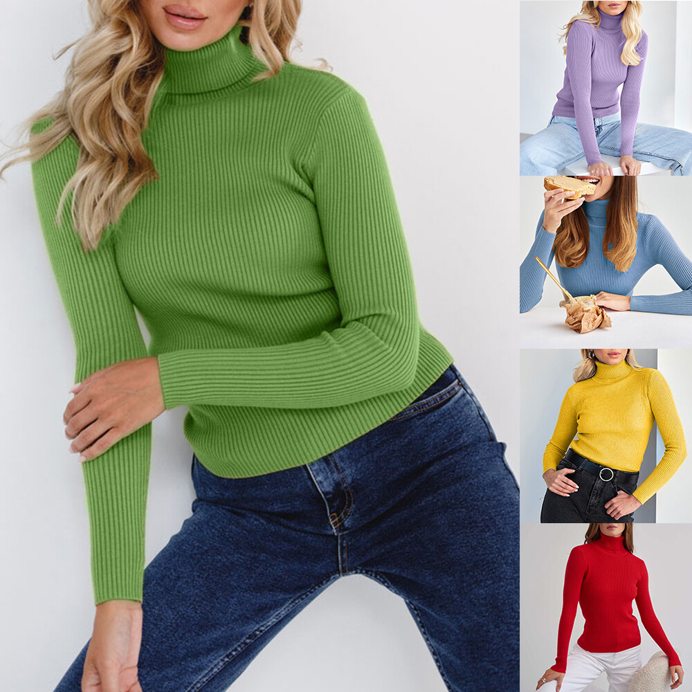 Pullover Knitted Tops Jumper Sweater Turtle Neck Basic Ribbed Stretch Slim Women