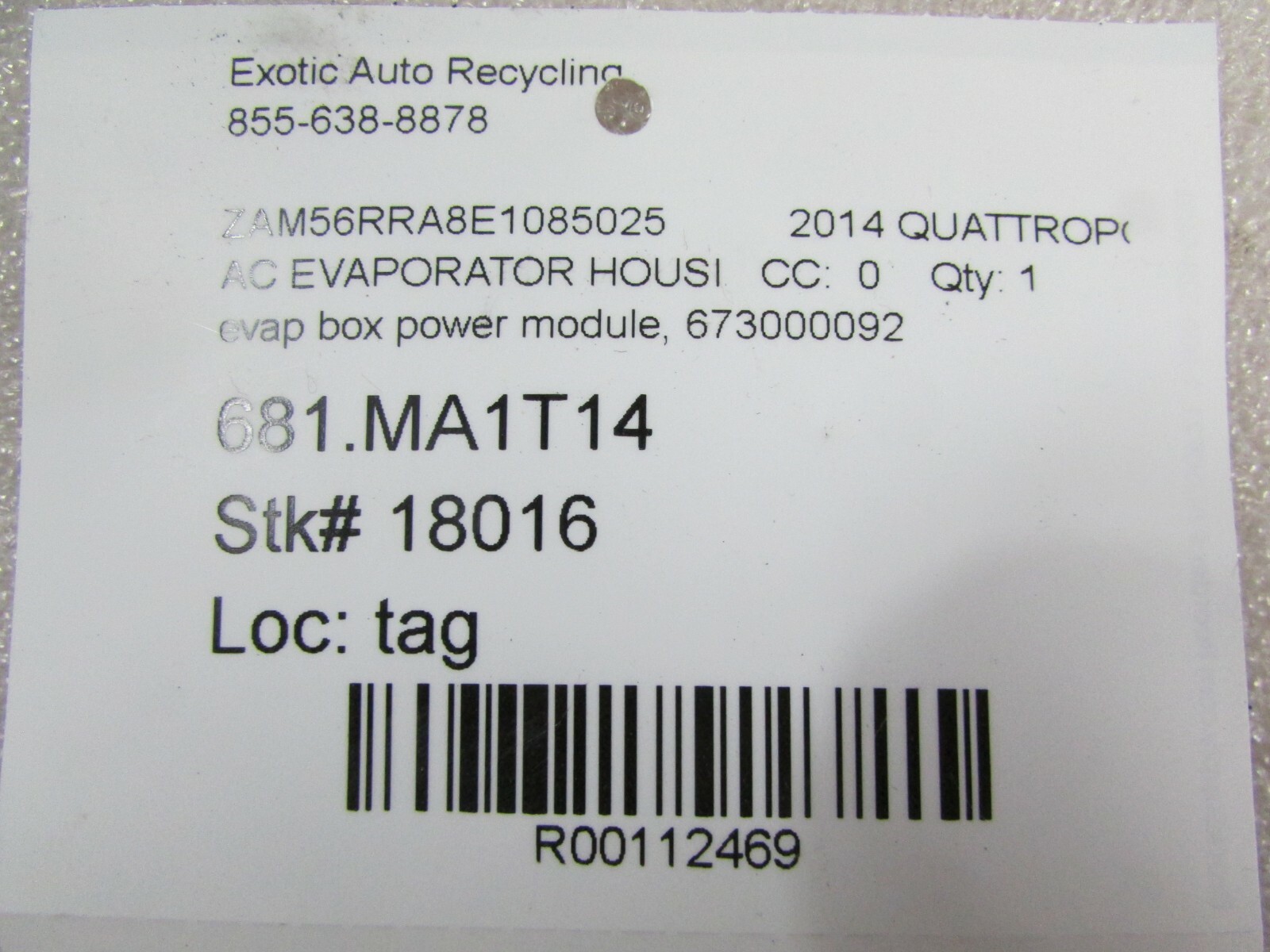 Maserati Quattroporte, Evap Box Power Module, Used, P/N 673000092