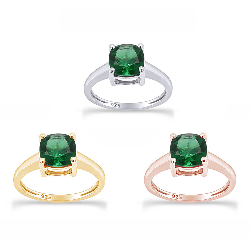 7mm Cushion Cut Simulated Emerald Solitaire Ring in 925 Sterling Silver-image