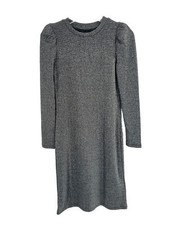Gap Silver Metallic Long Puff SLeeve Ribbed Dress Sz Small Petite NWT