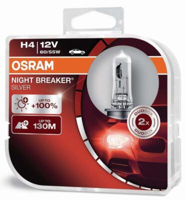 H4 12V 60/55W P43T NIGHT BREAKER  SILVER +100% Osram 2er set 64193NBS-HCB