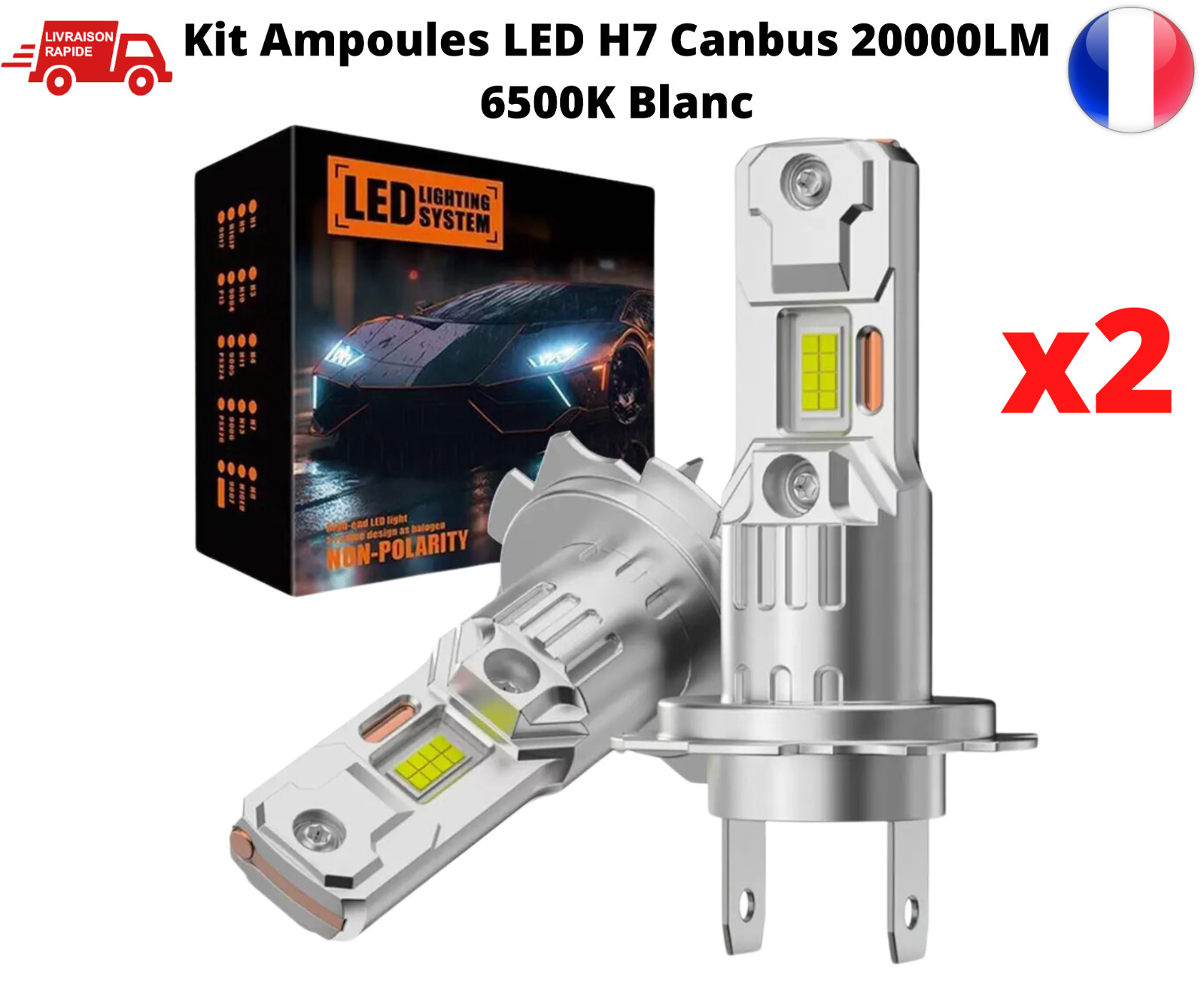 Kit ampoule LED H7 6500K blanc pour feux de route de voiture 12V 110W