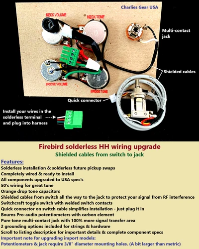 Firebird Solderless HH Wiring Upgrade +USA Spec Components +Shielded Cables