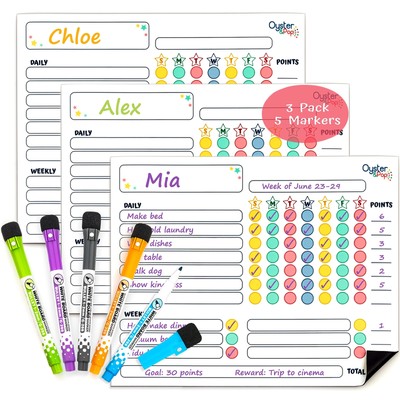 Magnetic Chore Chart 3Pcs for Multiple Kids & Adults - 5 Fine Tip Markers - D...