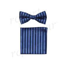 New Men's Pre-tied Bow Tie  Hankie set blue black stripes striped wedding prom