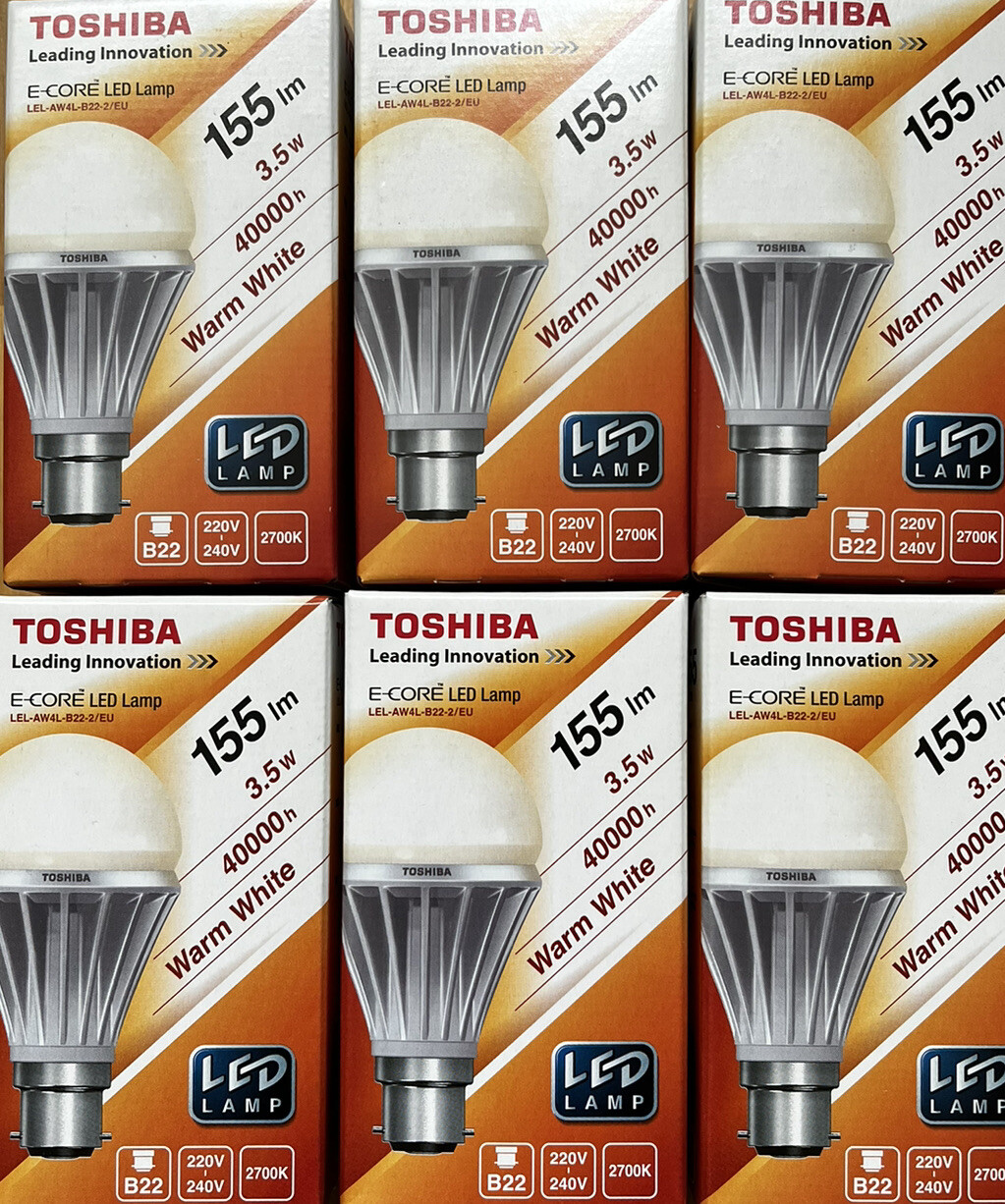 6 Pack Of Toshiba - Warm White 240v 3.5w BC B22 LED 2700k 155lm Energy saving