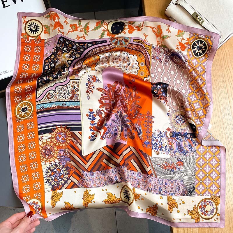 100% Mulberry Silk Square Scarf for Women Orange Pink Floral Print 68x68cm Neck Wrap