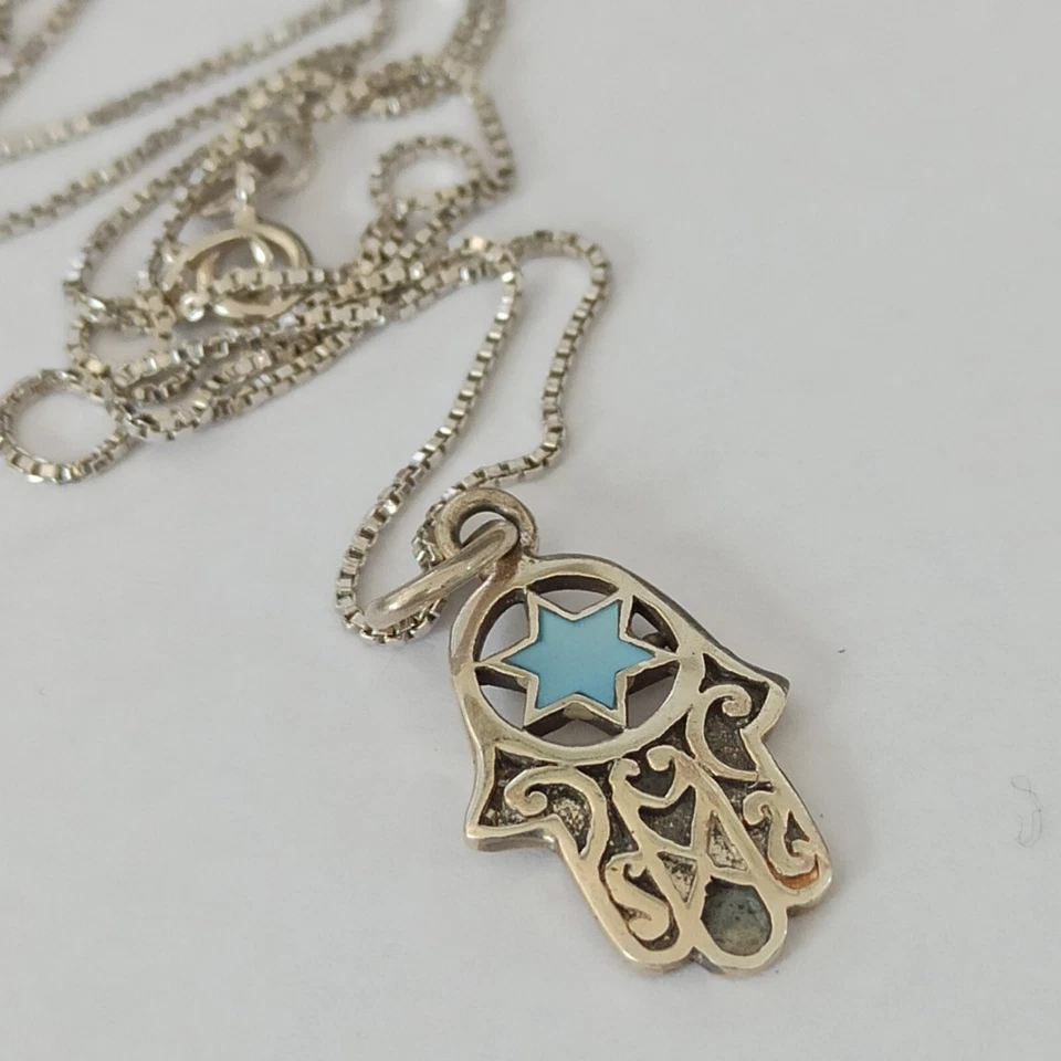Collar Hombre Plata Hamsa Estrella de David Vintage Filigrana Azul Abulón 925 17" Foto 2 de 4