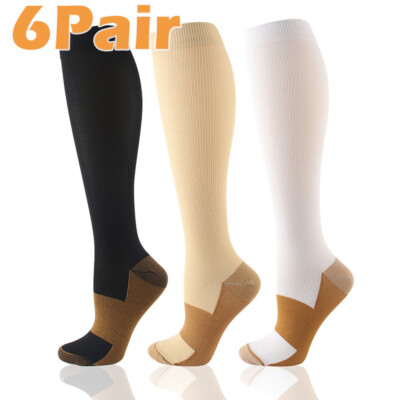 6 Pair Copper Compression Socks Hi-Pressure Varicose Support Stockings Men Women