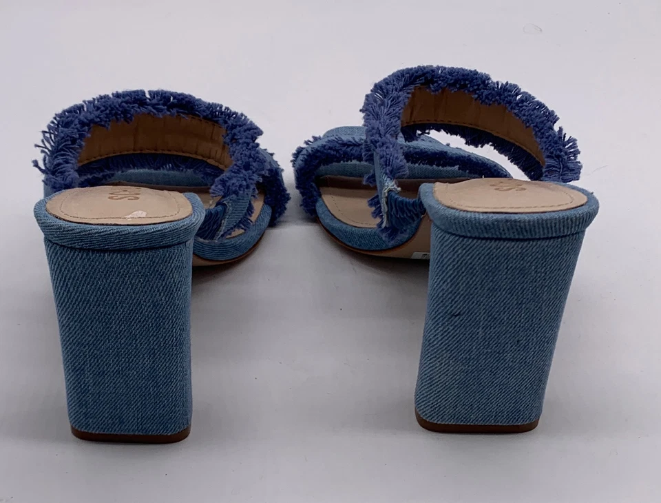 Schutz Azul Denim Amely Sin Cordones Flecos Doble Correa Medio Bloque Tacón Mula talla 7.5 B Foto 4 de 4