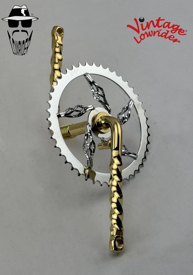 Vtg LOWRIDER 6 CAGE SPROCKET 44T & 6 1/2 TWISTED CRANK CRUISER BICYCLES CH/GOLD. - Image 2 of 2