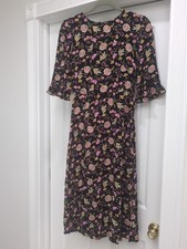 NWOT Loft Midi Dress Womens 0 Ruffle Sleeves Modest Black Cottagecore Floral