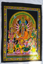 Durga Tenture indienne avec paillettes Déesse Batik Coton Inde Hindou Kali L