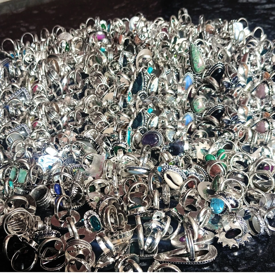 Lote al por mayor de anillos enchapados en plata de ley 925 con piedras preciosas mezcladas tamaño libre 01 Foto 3 de 4