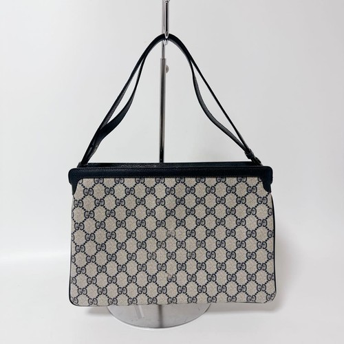 GUCCI GG Monogram Navy Grey Shelly Stripe Shoulder Bag Women PVC Leather Auth - Picture 23 of 24