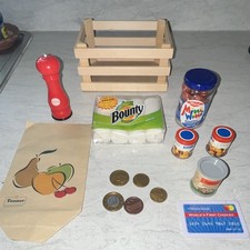 Pretend Play Grocery Accessories Lot Mini Foods Coins Card Wooden Crate
