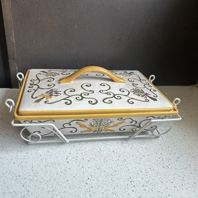 RETIRED Temptations Bakeware Tara Herb Casserole Dish, Lid, Carrier -Yellow
