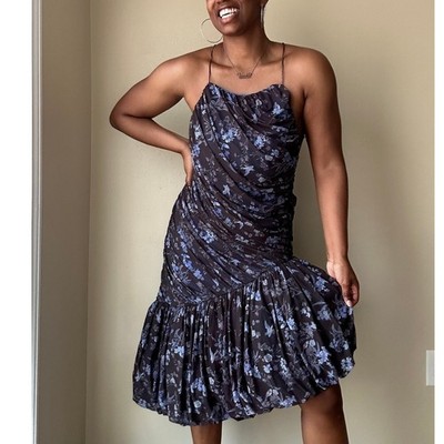 Anthropologie Let Me Be Grey and Blue Floral Asymmetrical Dress Size Medium