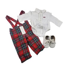Janie and Jack Holiday Outfit Boys 0-3 Months Plaid Suspenders 3 Piece Shoes