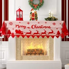 Christmas Mantle Scarf - Merry Christmas Fireplace Decorations - Red Lace 