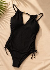 CUPSHE Womens One Piece Swimsuit L Black Textured Ruched Beaded NWT