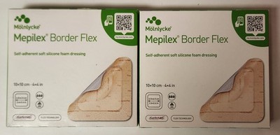 LOT OF 2 Molnlycke Mepilex Border Flex 4'' x 4'' Soft Silicone Foam Dressing 5 Pk