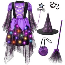 Fashion Witch Halloween Costume for Girls Kids Gift Light Up Dress Set Cosplay