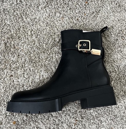 Coach Women’s Black Ankle Bootie Zip Buckle Logo Lug Rubber Sole Round Toe