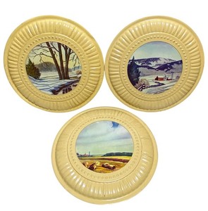 3 - 8" Vintage Tin Stove Pipe Flue Covers Round Farm, Wheat Field, River Scenes