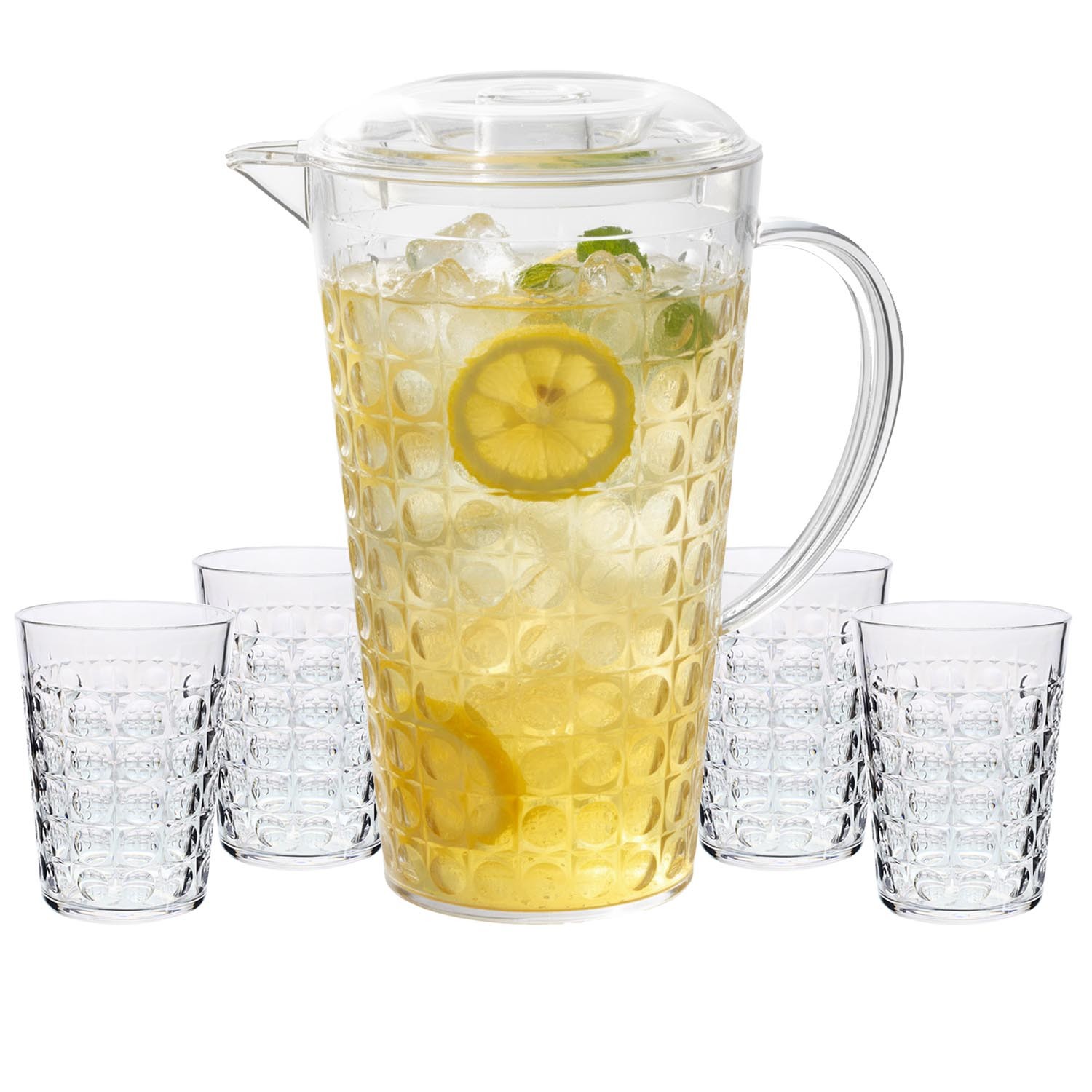 Pitcher & Tumbler Set Reusable Acrylic 1pc 2L Jug with 4pcs 400ml Cups Dimples