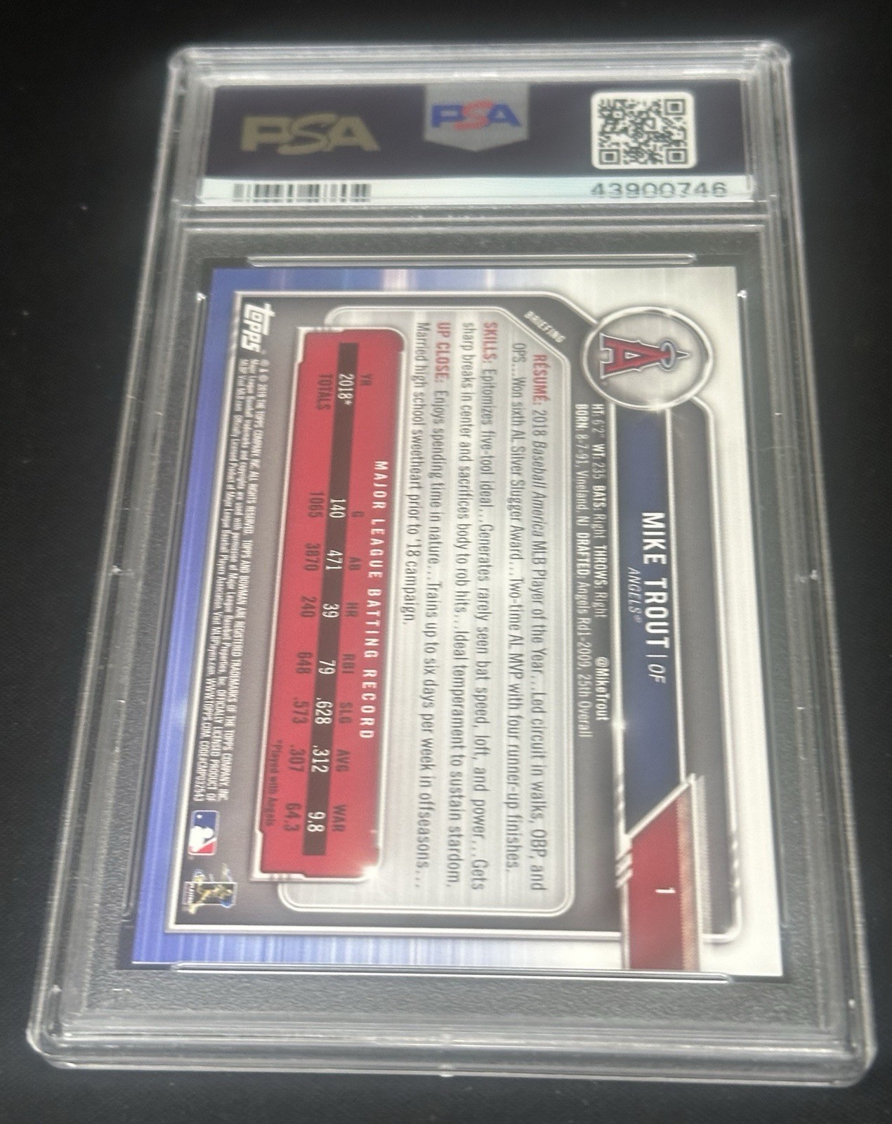PSA 10 2019 Bowman Mike Trout #1 Sky Blue 442 out of 499 Los Angeles Angels view 2